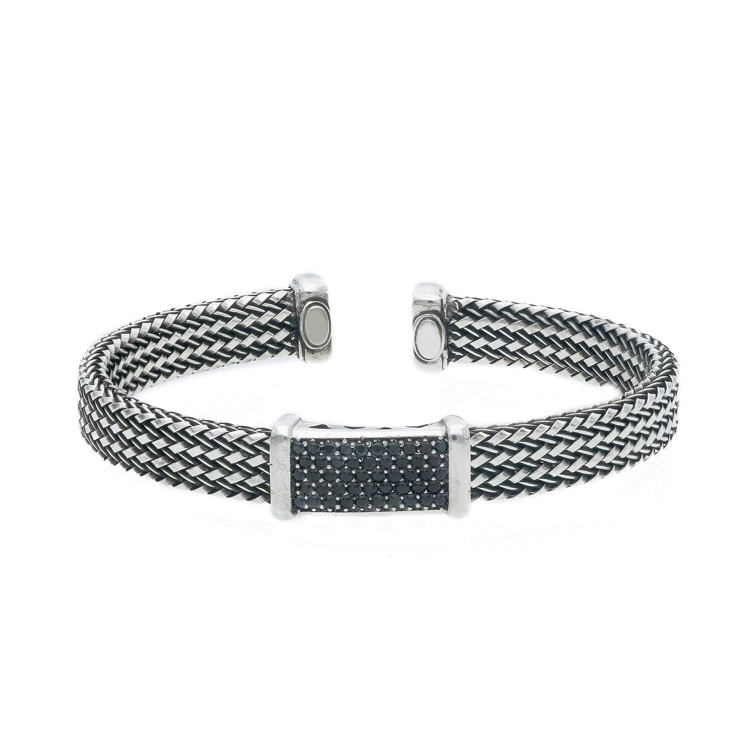 Bracciale Bracciale in argento brunito maglia intrecciata rigido aperto con zirconi a pavè - Gioielli Pavan