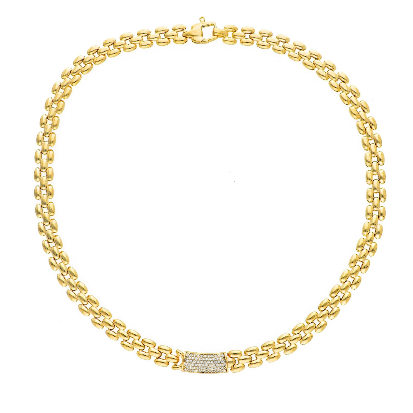 Collane Girocollo in argento dorato maglia a chicco con targa in pavé di zirconi centrale - Gioielli Pavan