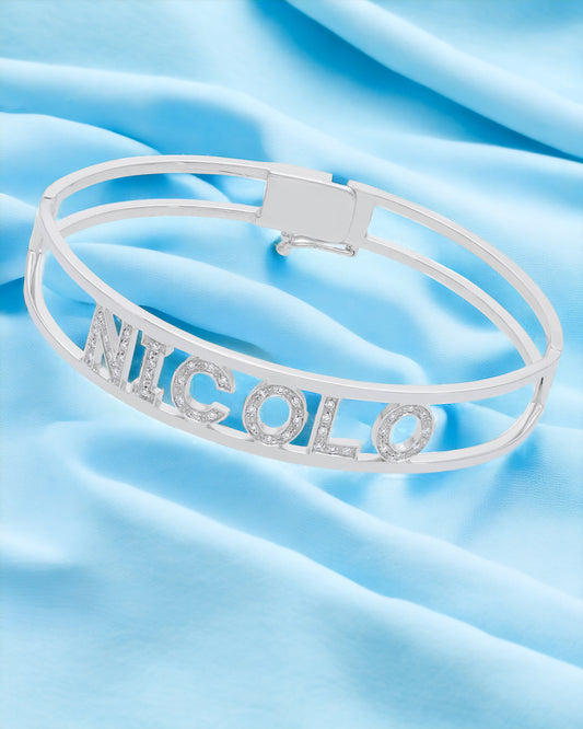 Bracciali Bracciale Medio rigido oro bianco e diamanti - personalizzabile nome da 3 a 9 lettere - Gioielli Pavan