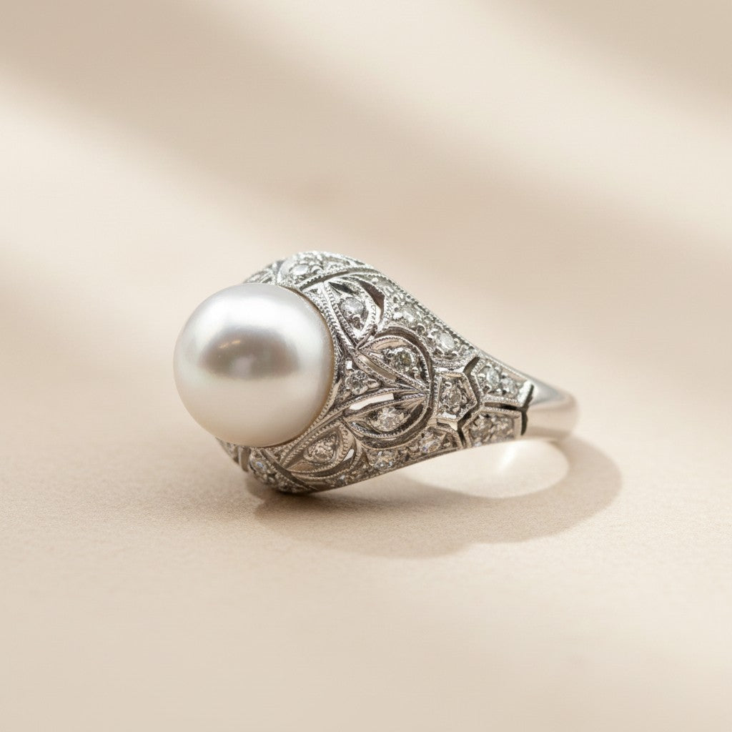 Anello in oro 18 kt con perla giapponese e diamanti - Gioielli Pavan
