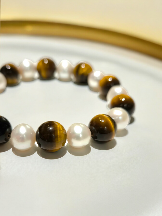 Bracciale Bracciale elastico in occhio di tigre e perle coltivate - Gioielli Pavan