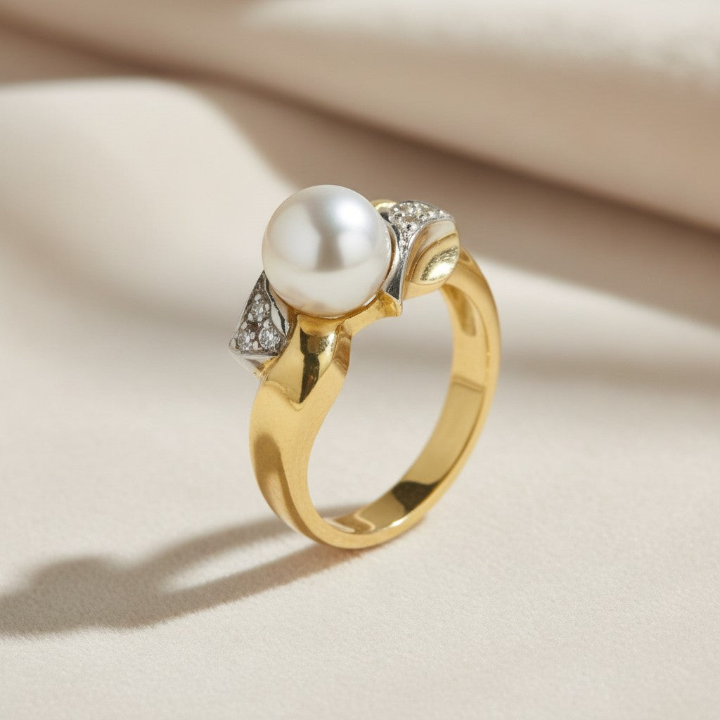 Anello in oro 18kt giallo e bianco con perla e diamanti - Gioielli Pavan