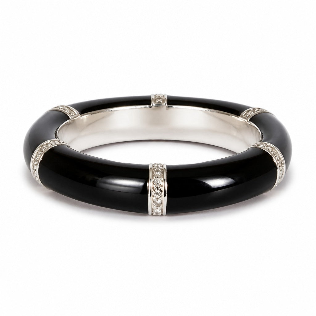 Anello Argento 925 Smalto Nero e Diamanti