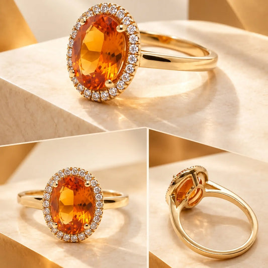 Anello in oro giallo 18 kt con zaffiro arancione e diamanti - Gioielli Pavan