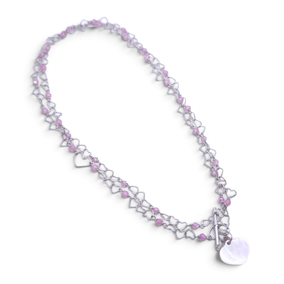 Collana lunga Nanis in oro bianco 18 kt con cuori e quarzi rosa - Gioielli Pavan