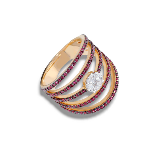 Anello Anello in oro con pavè di diamanti e rubini multifilo - Gioielli Pavan