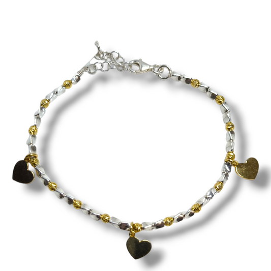 Bracciale Bracciale in argento a dadini con elementi dorati e cuori pendenti - Gioielli Pavan