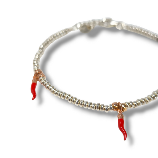 Bracciale Bracciale in argento con virolette e cornetti porta fortuna smaltati pendenti - Gioielli Pavan
