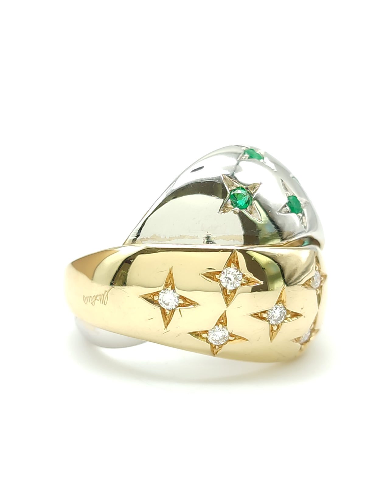 Anello in oro a fascia con diamanti e smeraldi - Gioielli Pavan