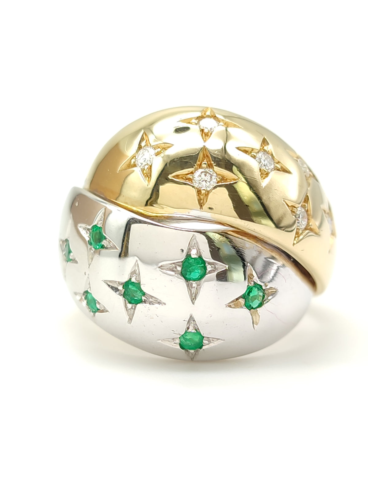 Anello in oro a fascia con diamanti e smeraldi - Gioielli Pavan