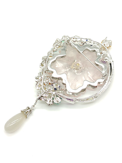Spilla-ciondolo in argento con quarzi e pietre preziose in stile floreale