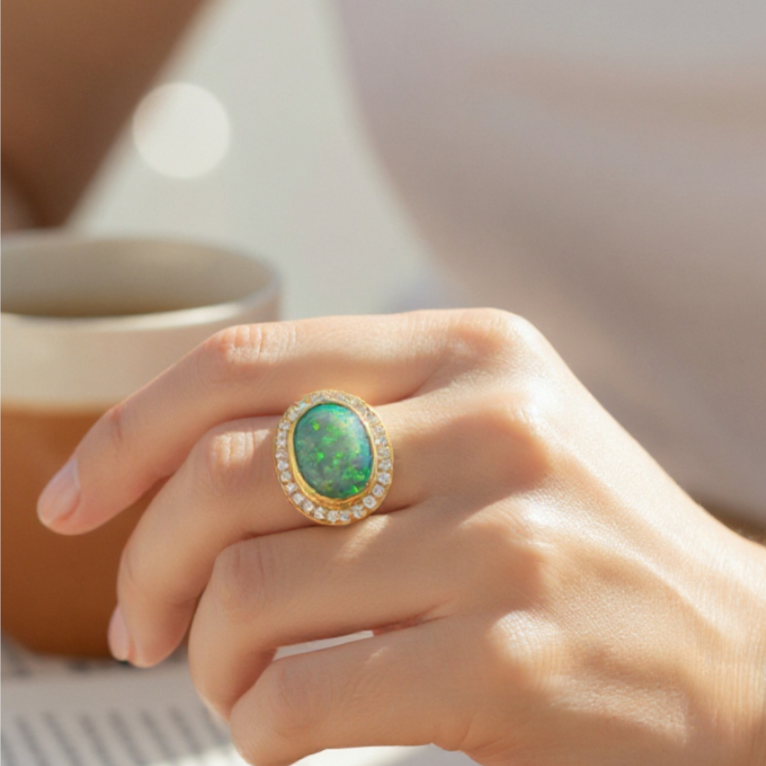 mano di donna con indosso un anello in oro giallo con opale e diamanti