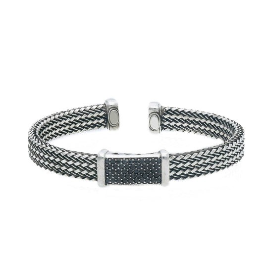 Bracciale Bracciale in argento brunito maglia intrecciata rigido aperto con zirconi a pavè - Gioielli Pavan