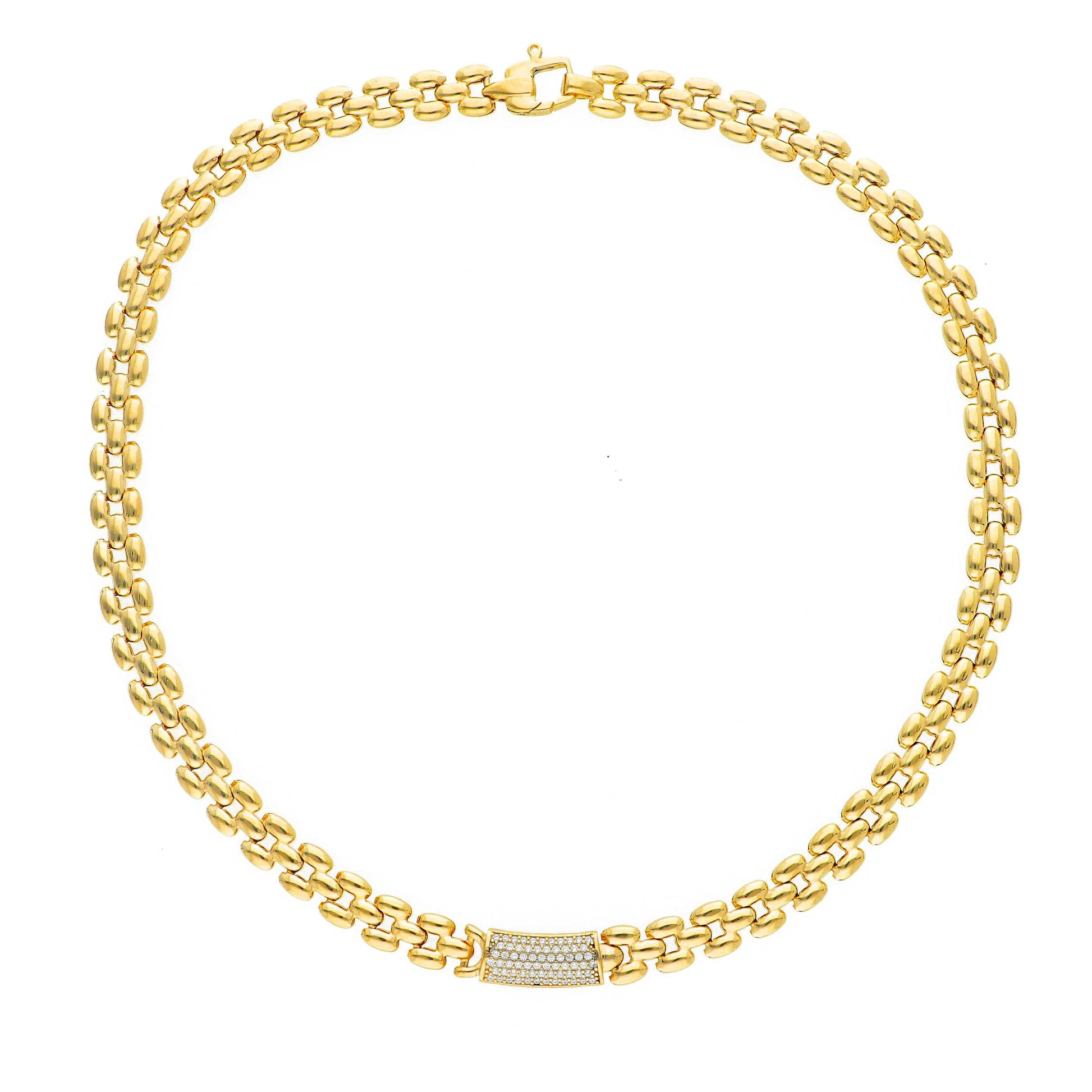 Collane Girocollo in argento dorato maglia a chicco con targa in pavé di zirconi centrale - Gioielli Pavan