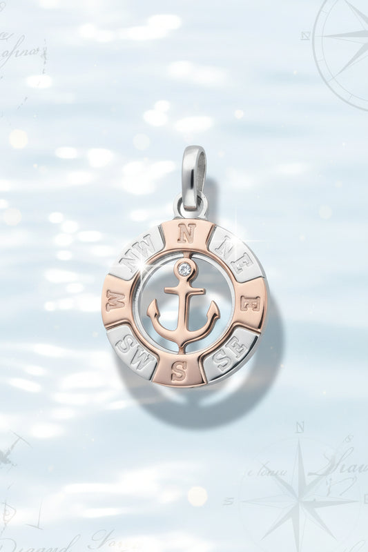 Ciondoli e pendenti Ciondolo Rosa dei Venti Bicolore Rosa e Argento 925 con Ancora - Gioielli Pavan