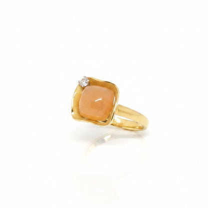 Orange Apricot Gold Ring with Diamond and Moonstone