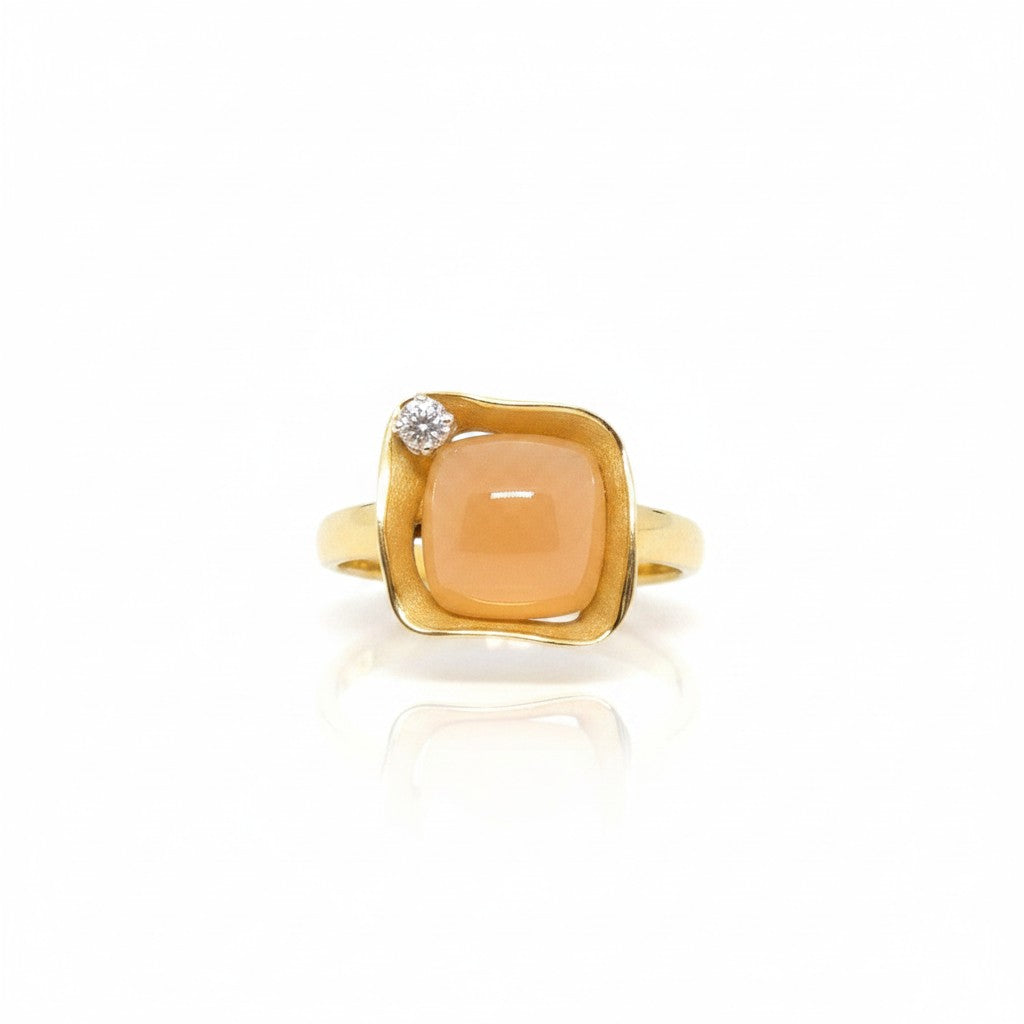 Orange Apricot Gold Ring with Diamond and Moonstone