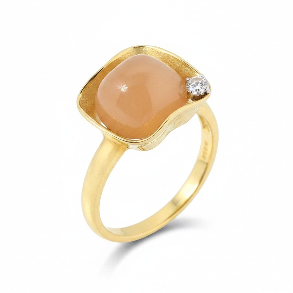 Orange Apricot Gold Ring with Diamond and Moonstone