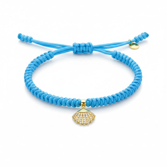 Bracciale in corda nautica azzurra con conchiglia in argento dorato e zirconi - Gioielli Pavan
