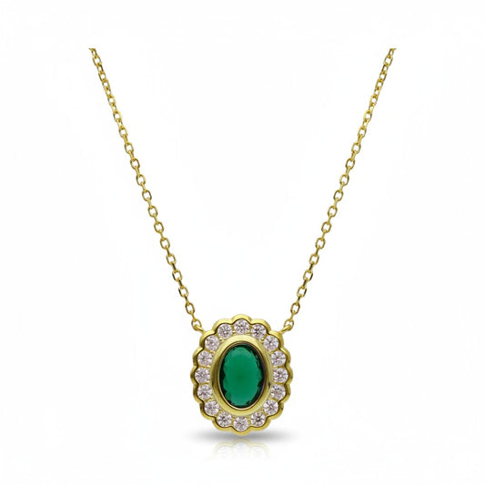 Girocollo classico pietra verde contorno di zirconie argento dorato giallo - Gioielli Pavan