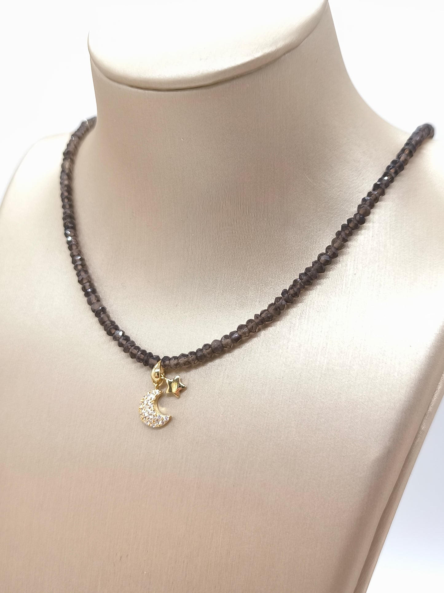 Star and moon necklace in gold and semi-precious stones