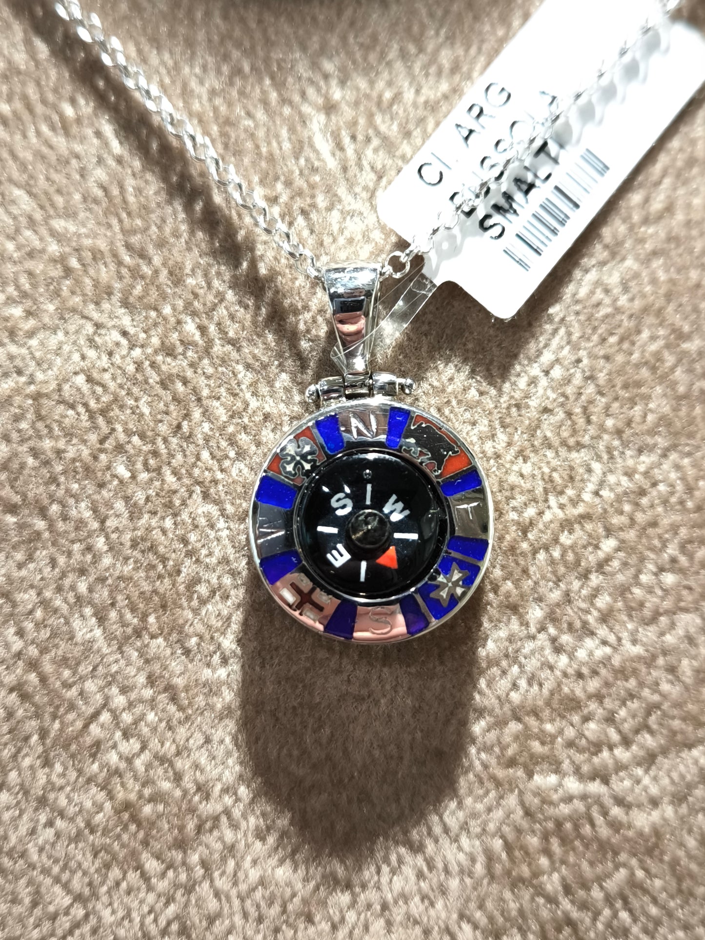 Silver necklace with enamelled compass