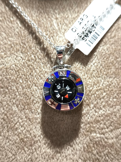 Silver necklace with enamelled compass