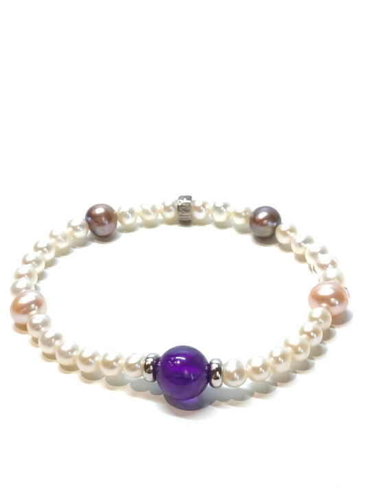 Elastic bracelet with Pearls and Amethyst