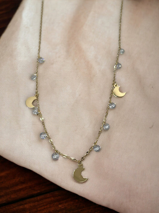 Yellow gold necklace with zirconia and moons