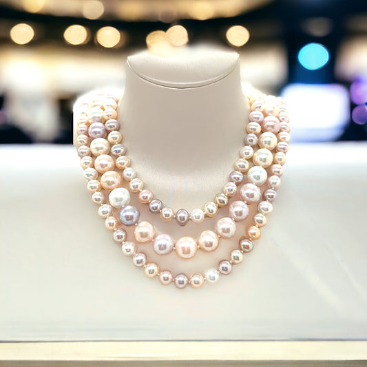 Three strand fresh multicolor pearl necklace with gold clasp