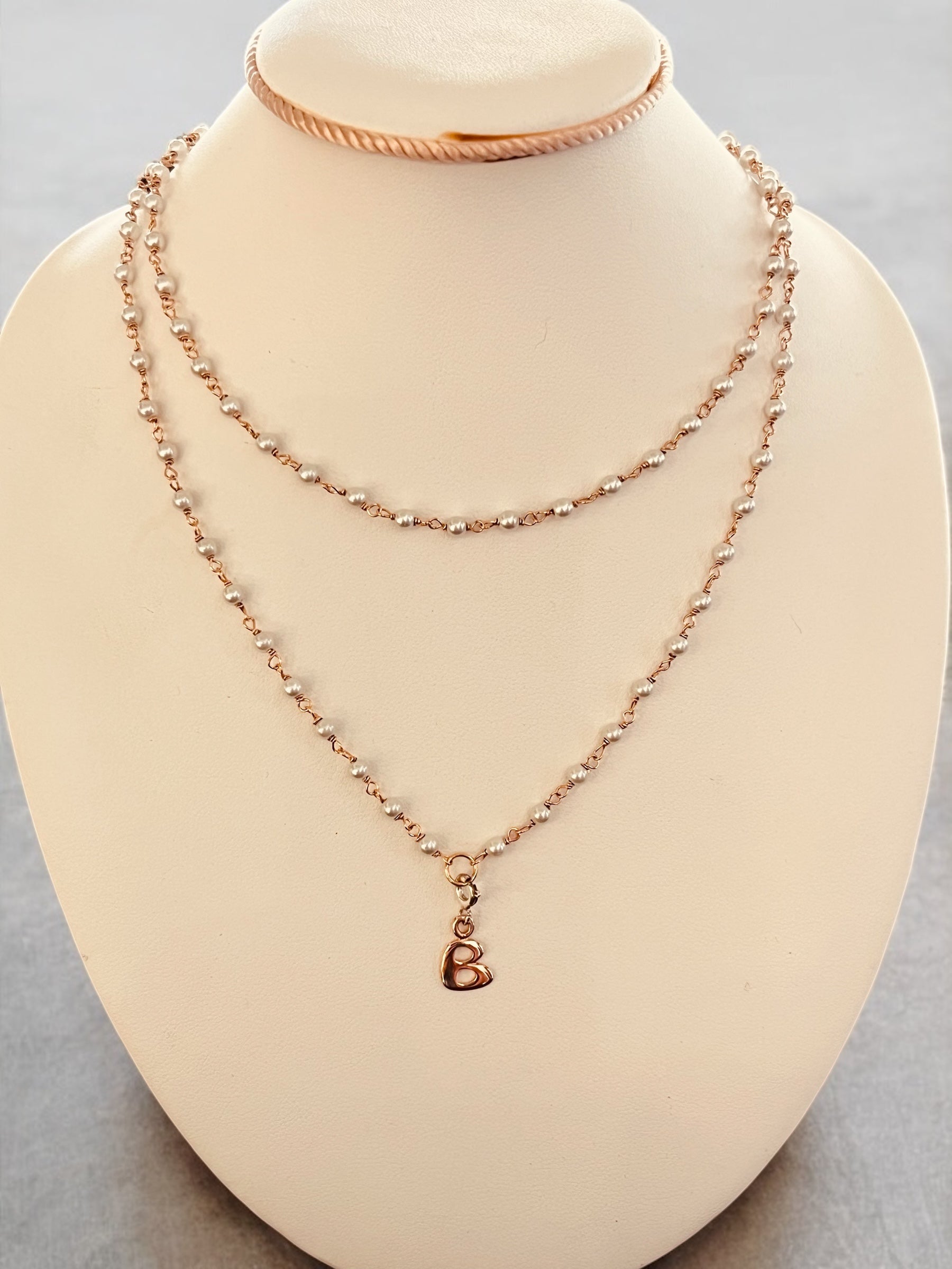 Girocollo Collana lunga argento dorato rosa e perle bianche - Gioielli Pavan