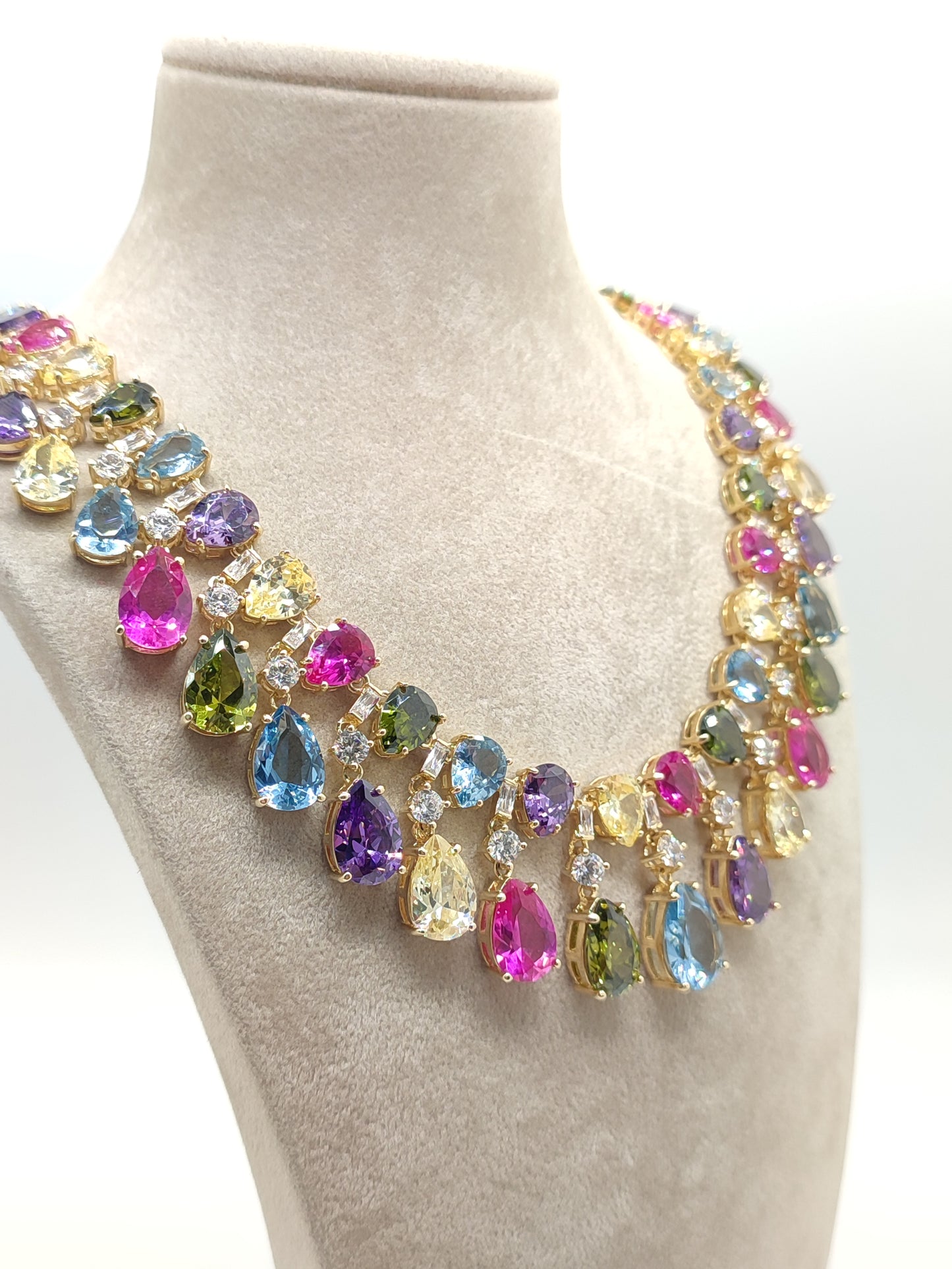 Golden silver choker with multi-colored zircons