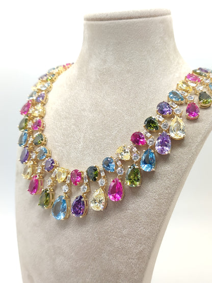 Golden silver choker with multi-colored zircons