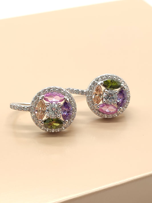 Silver lever earrings with multi-colored zircons