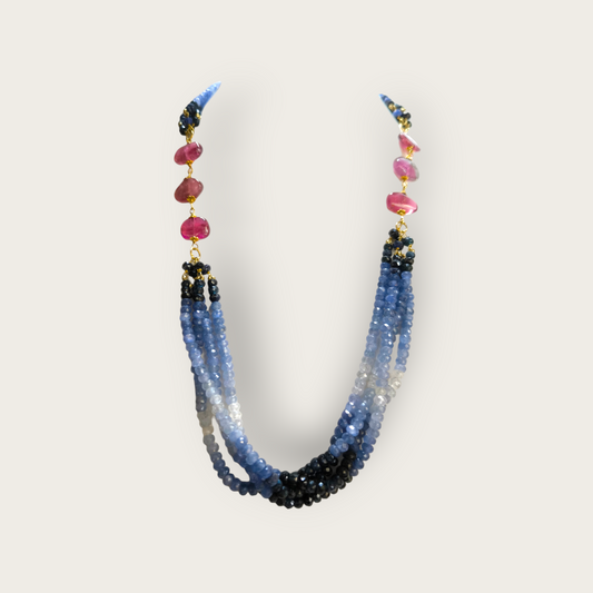 Multi-strand necklace with scaled sapphires and tourmalines