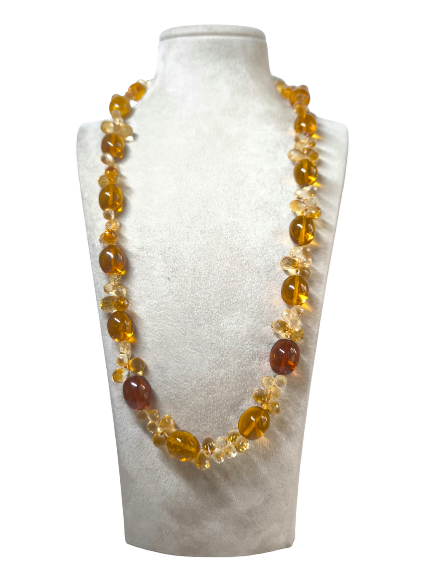 Gold necklace with Dominican amber and citrine quartz