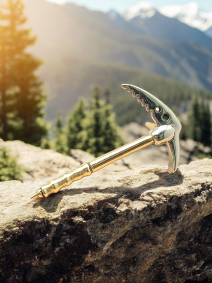 Gold tip in the shape of an Alpine ice axe