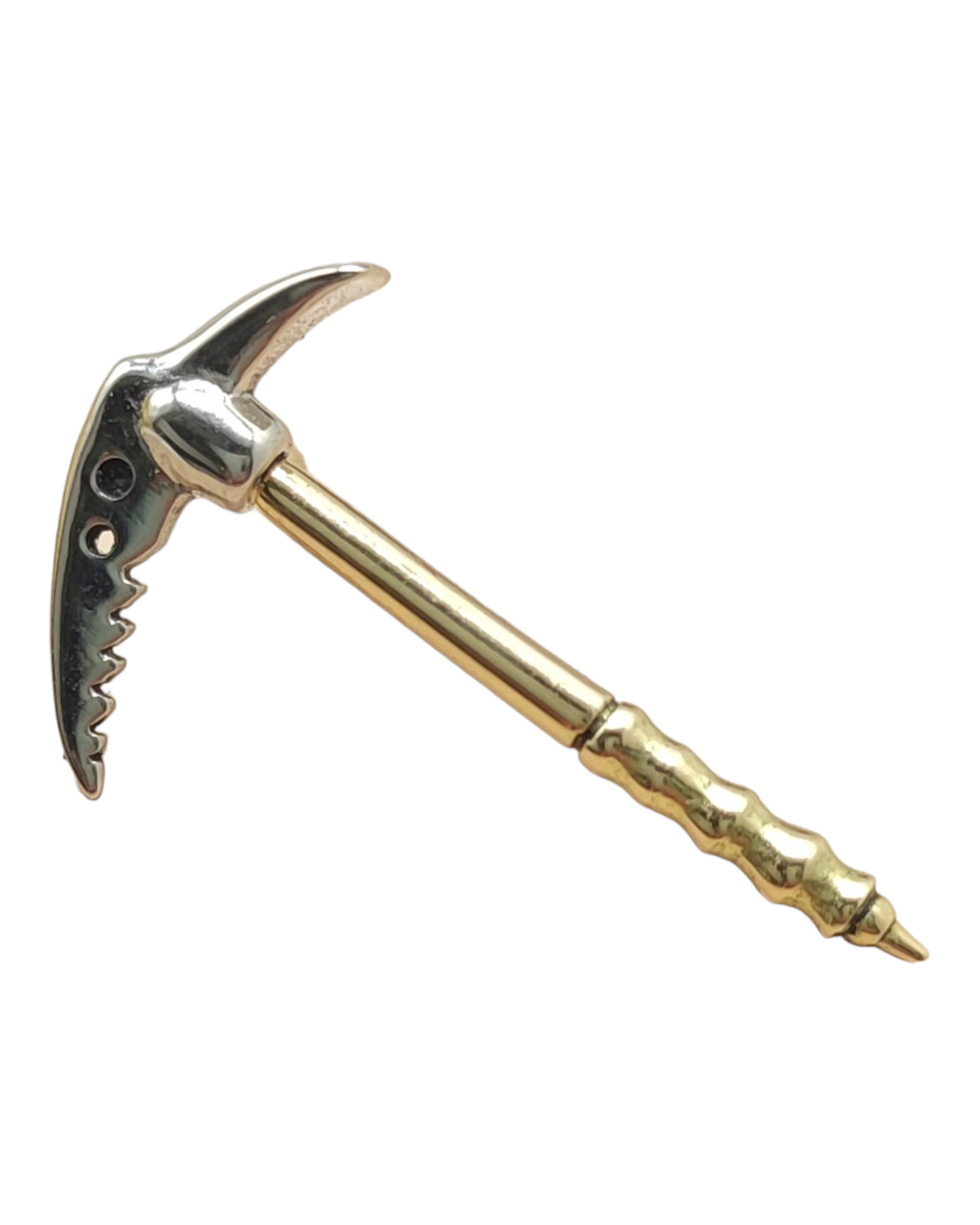 Gold tip in the shape of an Alpine ice axe