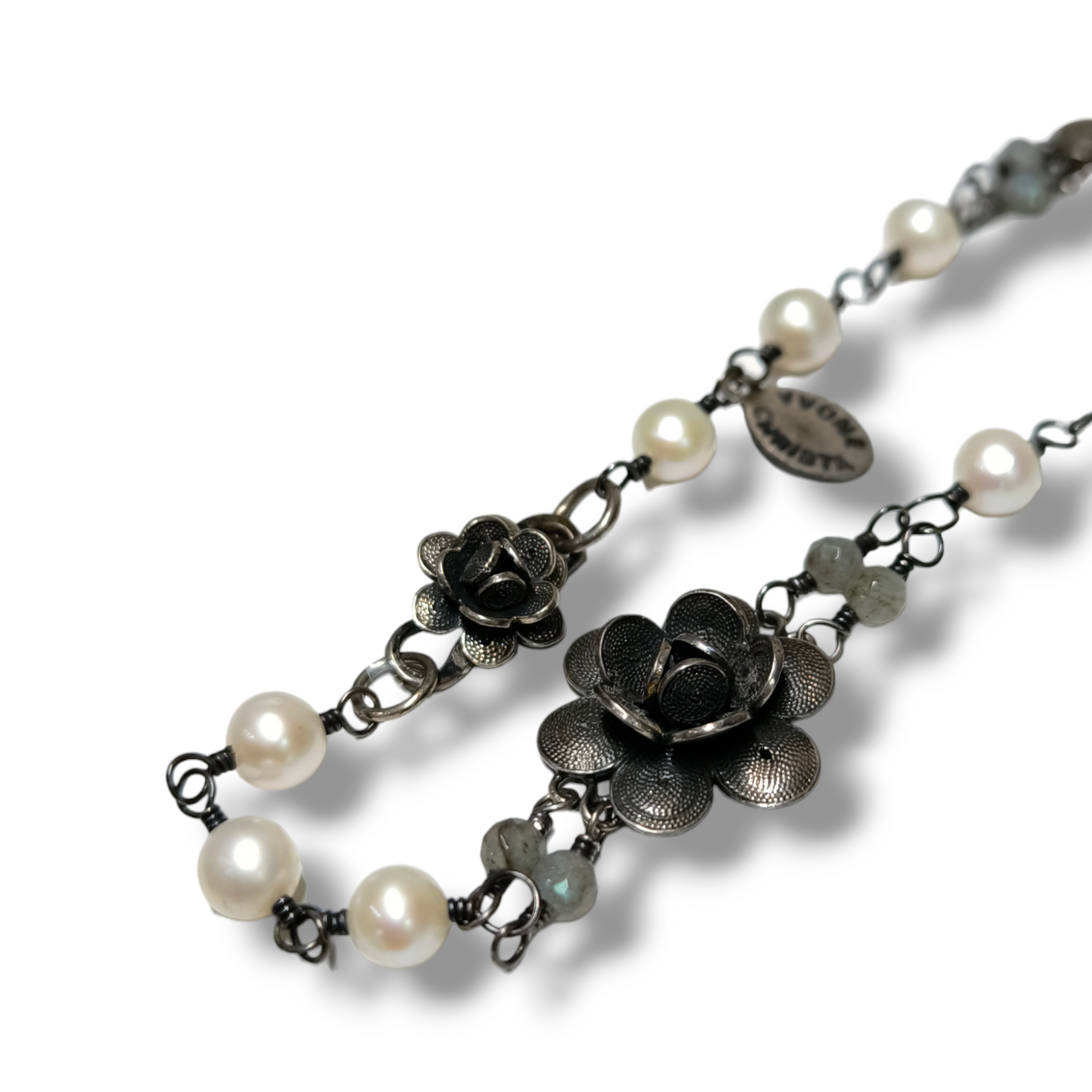 Long silver filigree necklace with pearls, flowers and quartz