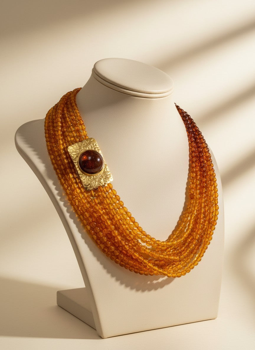 Collana multifilo in ambra dominicana e oro 18 kt