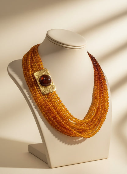 Collana multifilo in ambra dominicana e oro 18 kt