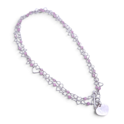 Collana lunga Nanis in oro bianco 18 kt con cuori e quarzi rosa - Gioielli Pavan