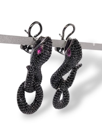 Orecchini Orecchini Serpente in Argento 925 Brunito con Zirconi Neri e Rossi - Gioielli Pavan