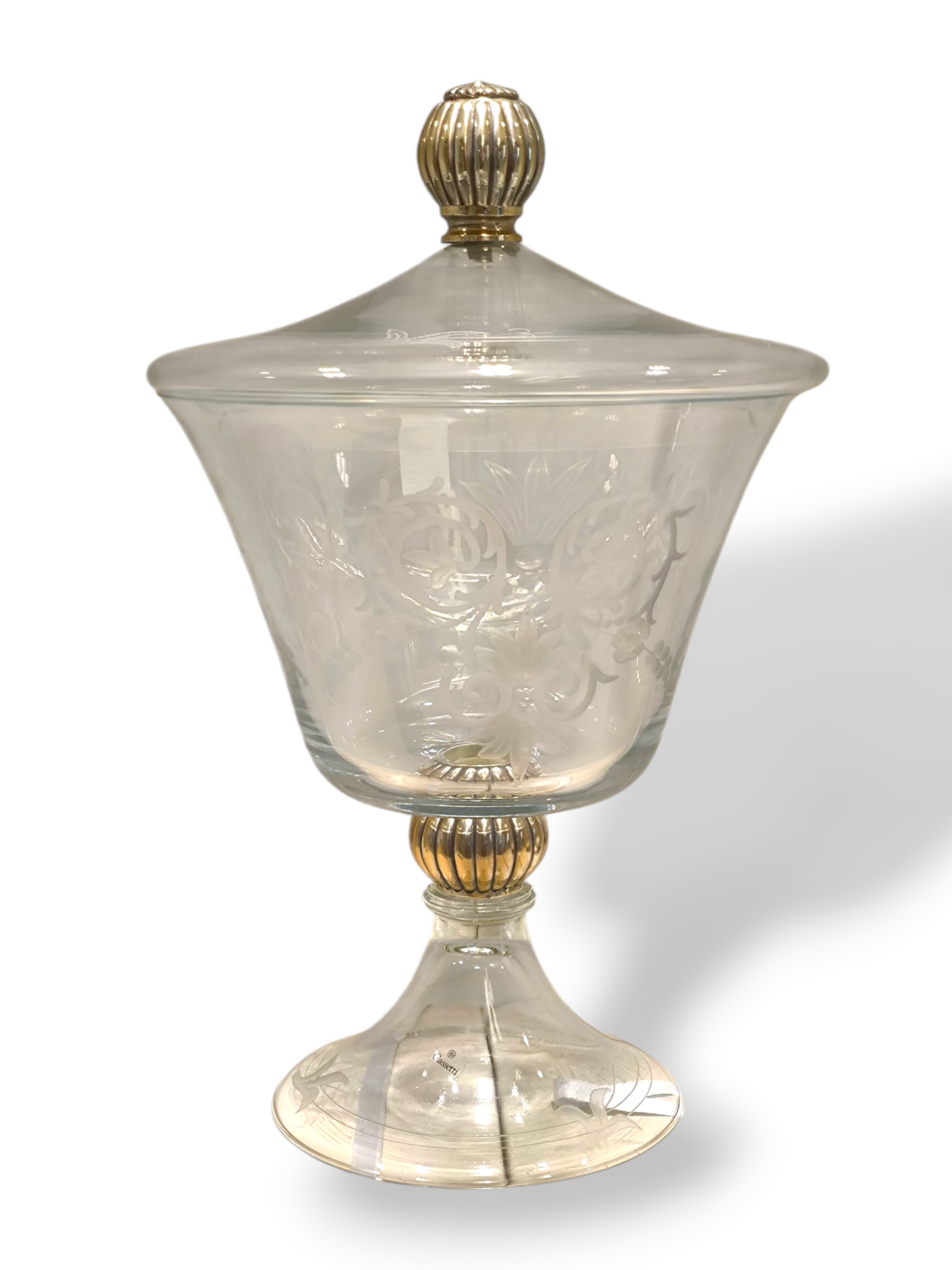 soprammobile Porta caramelle centro tavola in cristallo con disegni serigrafati e elementi in argento - Gioielli Pavan