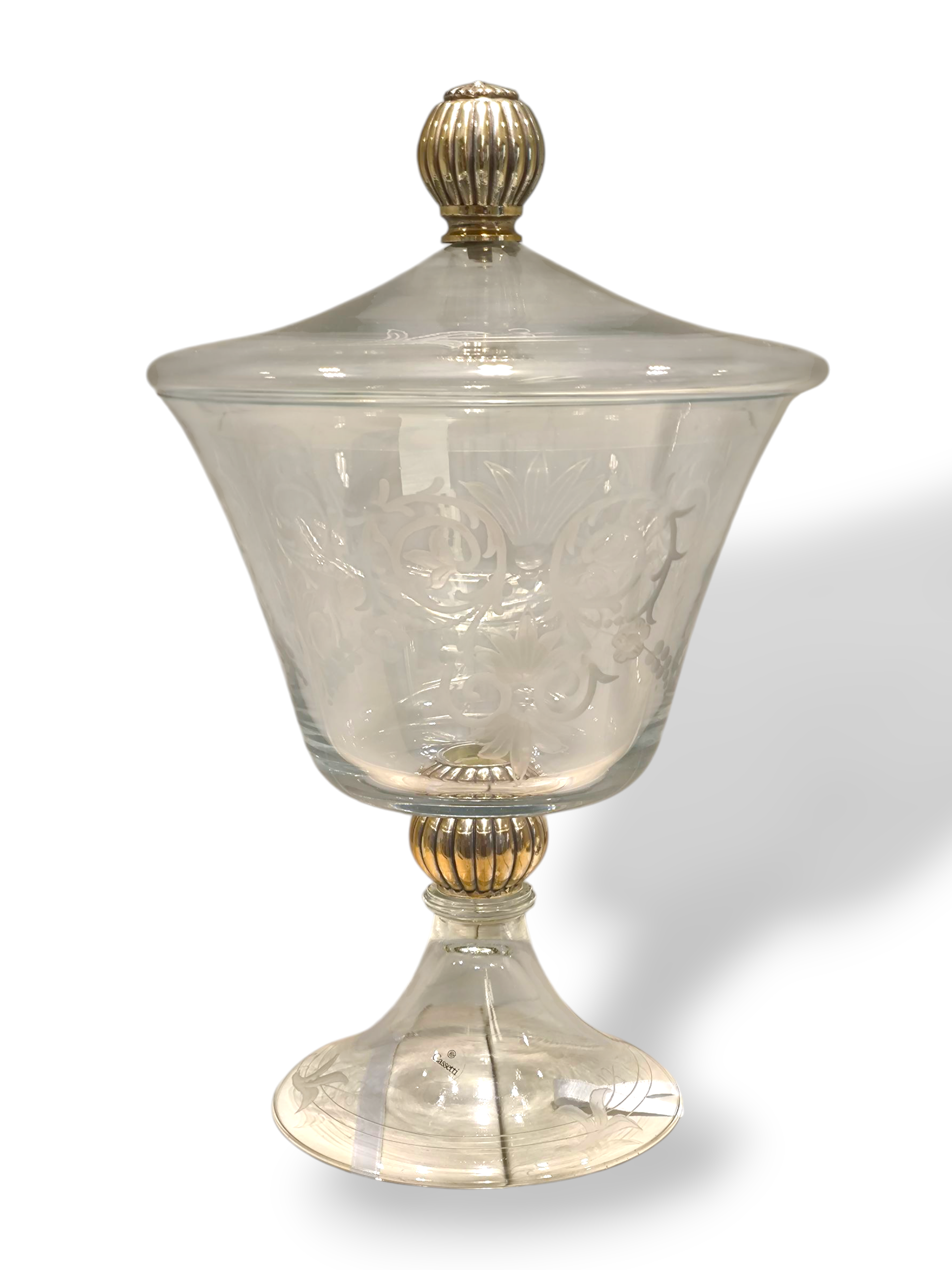 soprammobile Porta caramelle centro tavola in cristallo con disegni serigrafati e elementi in argento - Gioielli Pavan