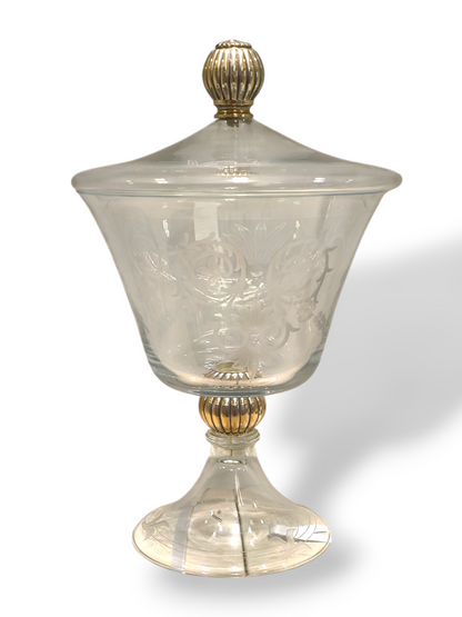 soprammobile Porta caramelle centro tavola in cristallo con disegni serigrafati e elementi in argento - Gioielli Pavan