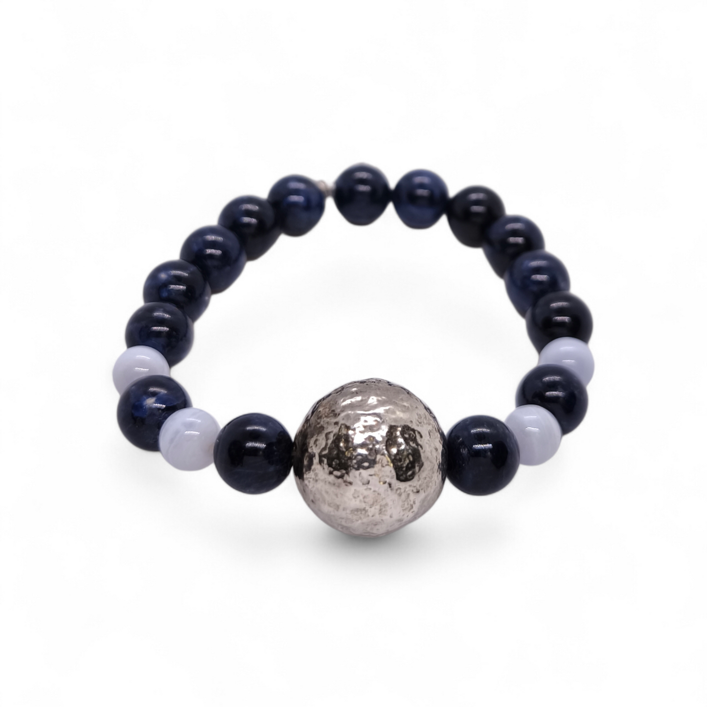 Bracciale Bracciale elastico in sodalite blu e calcedonio azzurro con boule in argento 925 - Gioielli Pavan