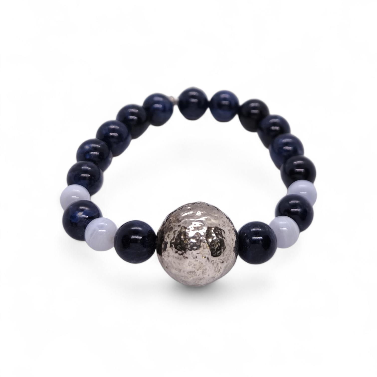 Bracciale Bracciale elastico in sodalite blu e calcedonio azzurro con boule in argento 925 - Gioielli Pavan