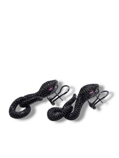 Orecchini Orecchini Serpente in Argento 925 Brunito con Zirconi Neri e Rossi - Gioielli Pavan