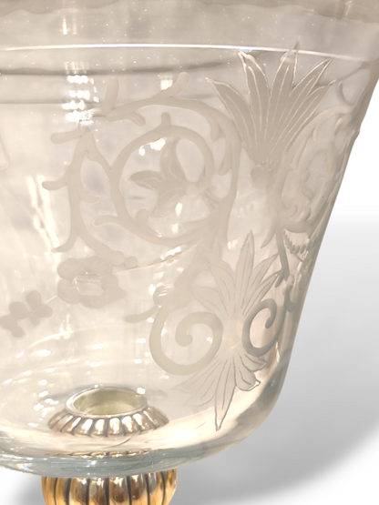 soprammobile Porta caramelle centro tavola in cristallo con disegni serigrafati e elementi in argento - Gioielli Pavan